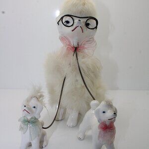 Vintage 1950s MCM Ceramic Snooty Chained Mama Poodle Family With Fur